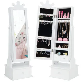 2-in-1 Kids Play Jewelry Armoire with Full Length Mirror and Drawers-White