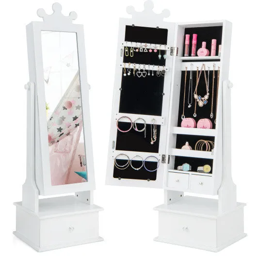 2-in-1 Kids Play Jewelry Armoire with Full Length Mirror and Drawers-White
