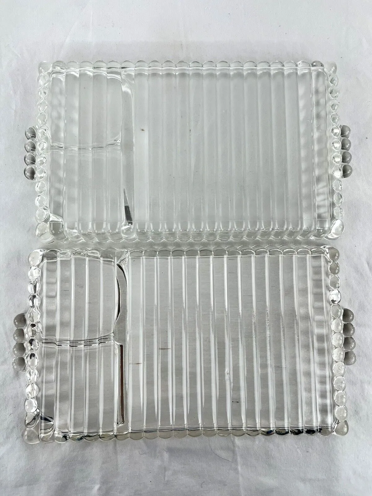 2 Set Vintage Hazel Atlas Smoke Sip and Snack Trays w/ Cups Ball & Ribbon Design