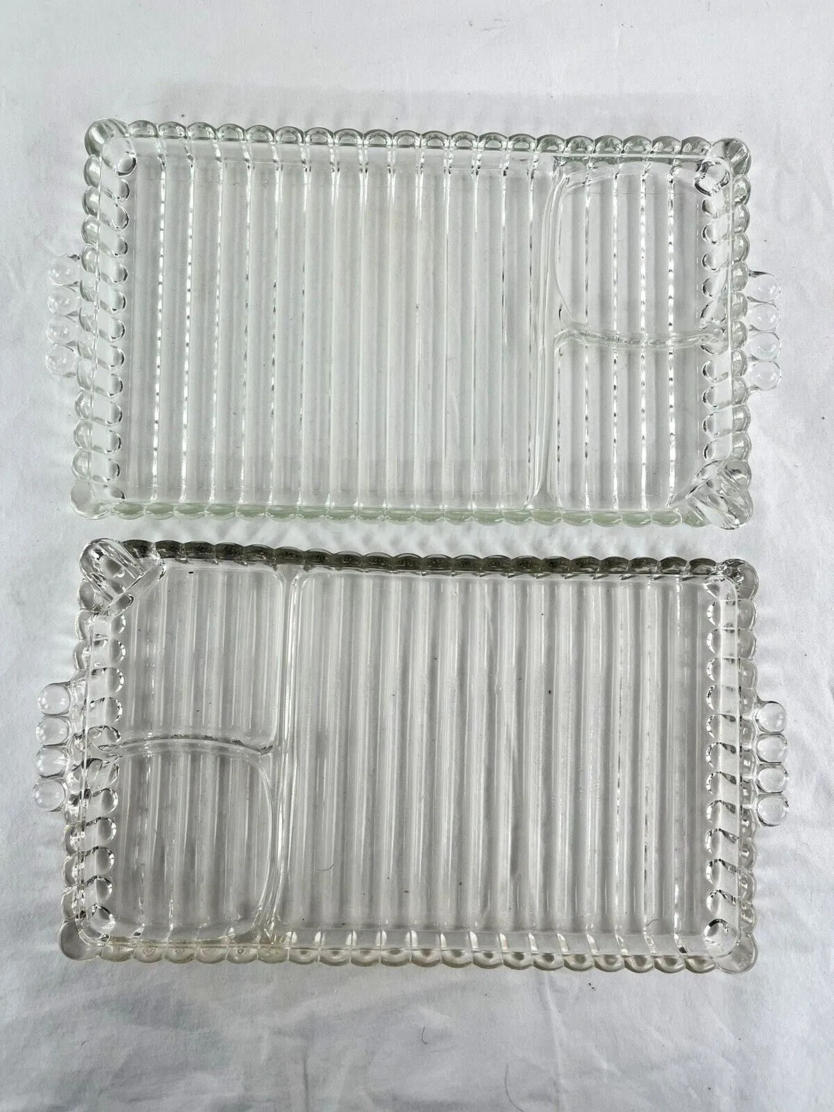 2 Set Vintage Hazel Atlas Smoke Sip and Snack Trays w/ Cups Ball & Ribbon Design