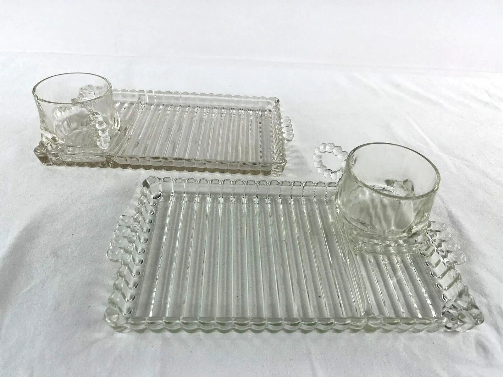 2 Set Vintage Hazel Atlas Smoke Sip and Snack Trays w/ Cups Ball & Ribbon Design