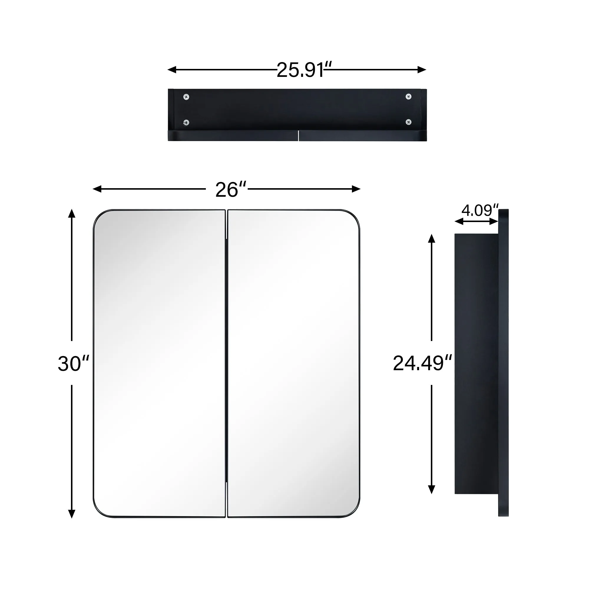 26 in. W x 30 in. H Double Door Rectangular Metal Framed Rounded Bathroom Medicine Cabinet with Mirror in Matt Black