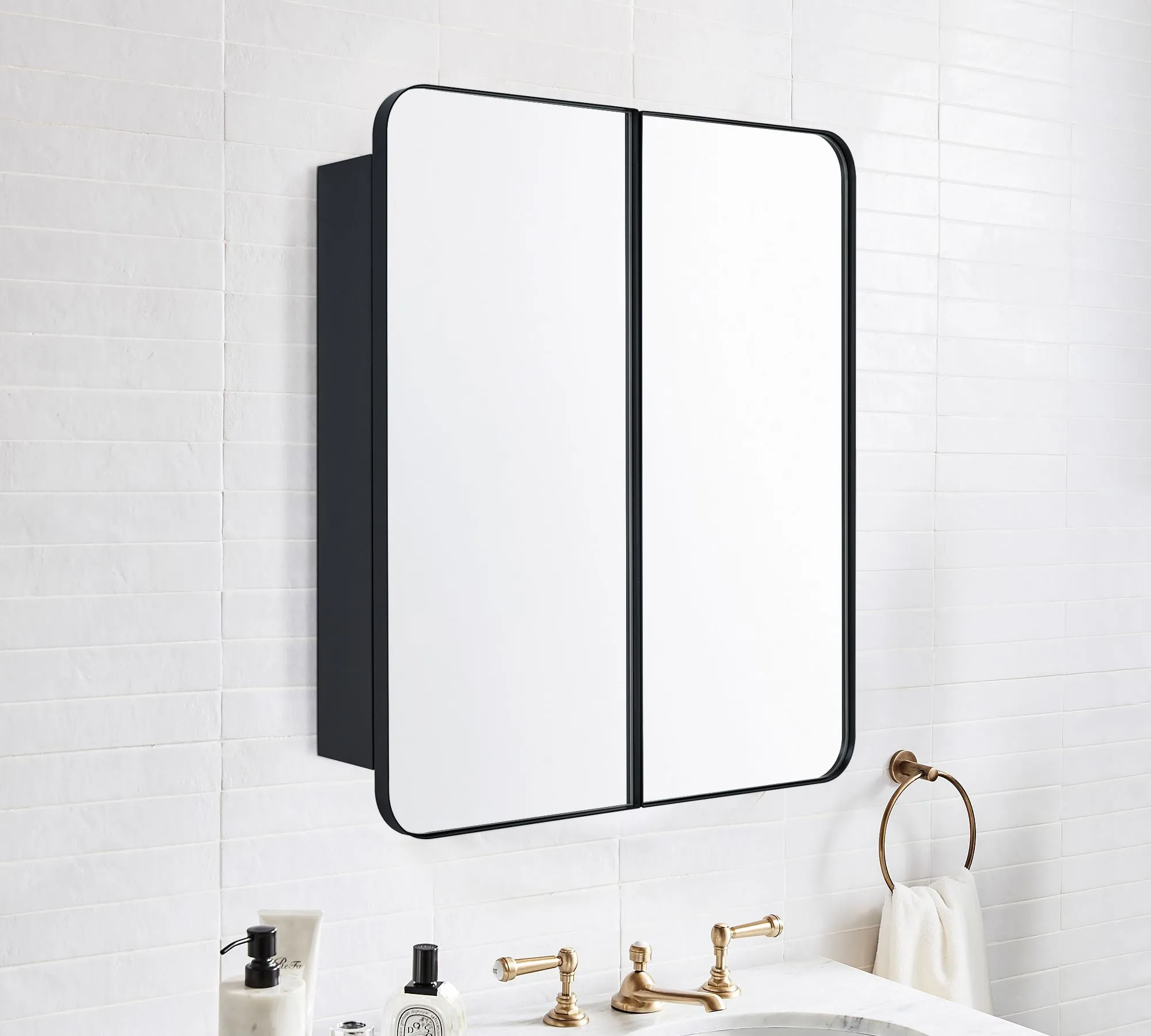 26 in. W x 30 in. H Double Door Rectangular Metal Framed Rounded Bathroom Medicine Cabinet with Mirror in Matt Black