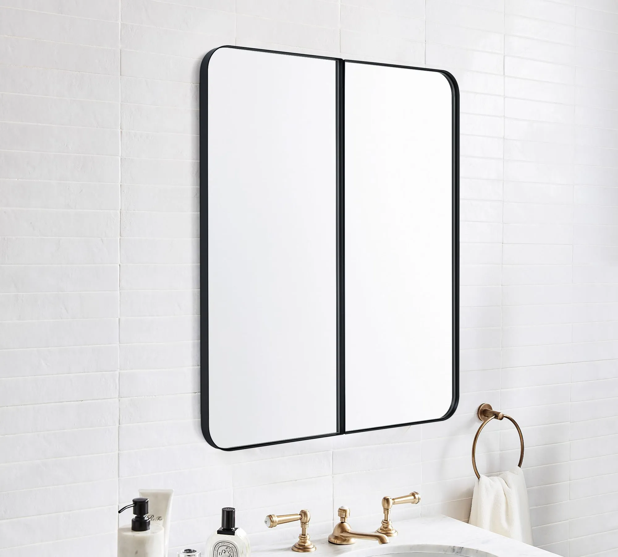 26 in. W x 30 in. H Double Door Rectangular Metal Framed Rounded Bathroom Medicine Cabinet with Mirror in Matt Black