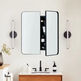 26 in. W x 30 in. H Double Door Rectangular Metal Framed Rounded Bathroom Medicine Cabinet with Mirror in Matt Black
