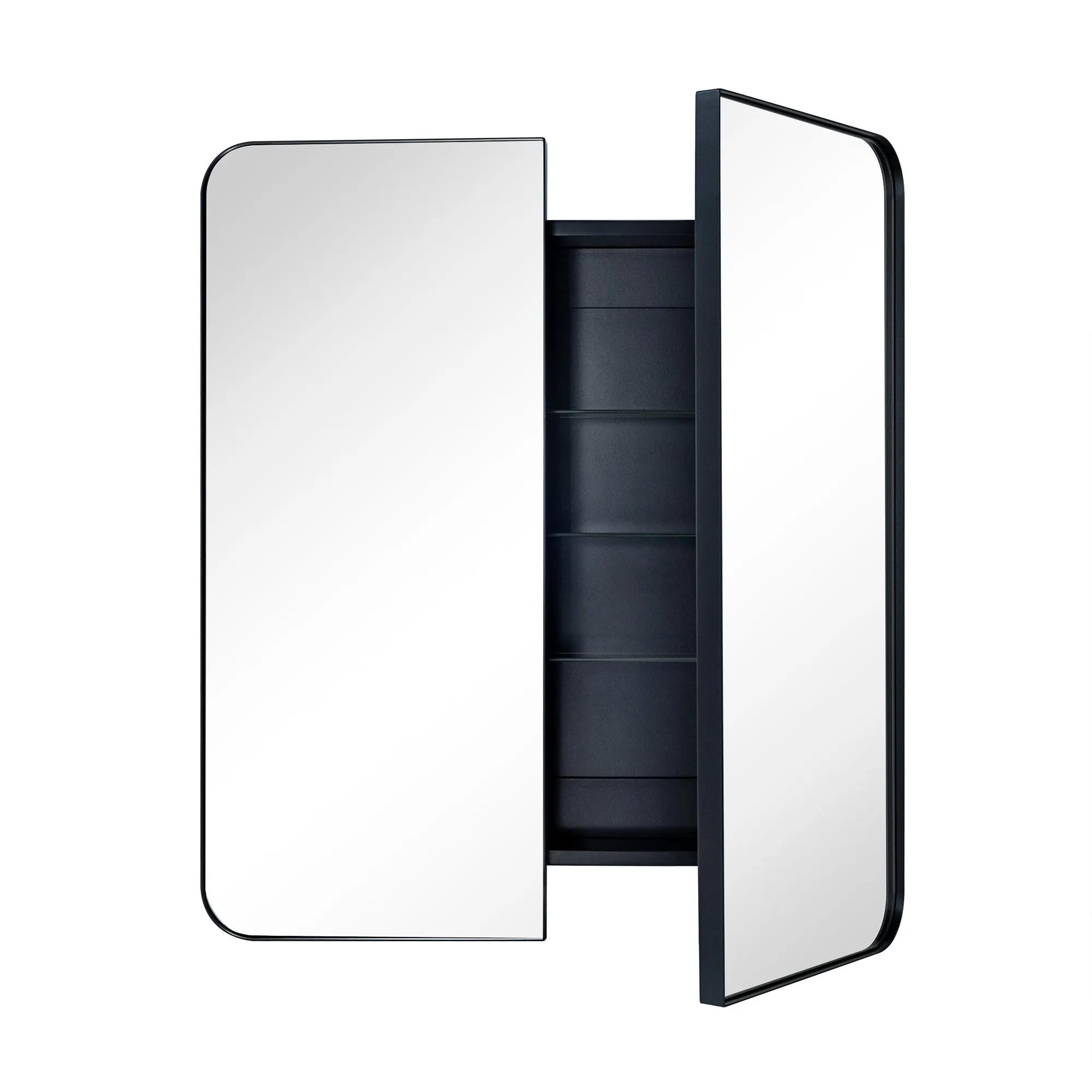 26 in. W x 30 in. H Double Door Rectangular Metal Framed Rounded Bathroom Medicine Cabinet with Mirror in Matt Black