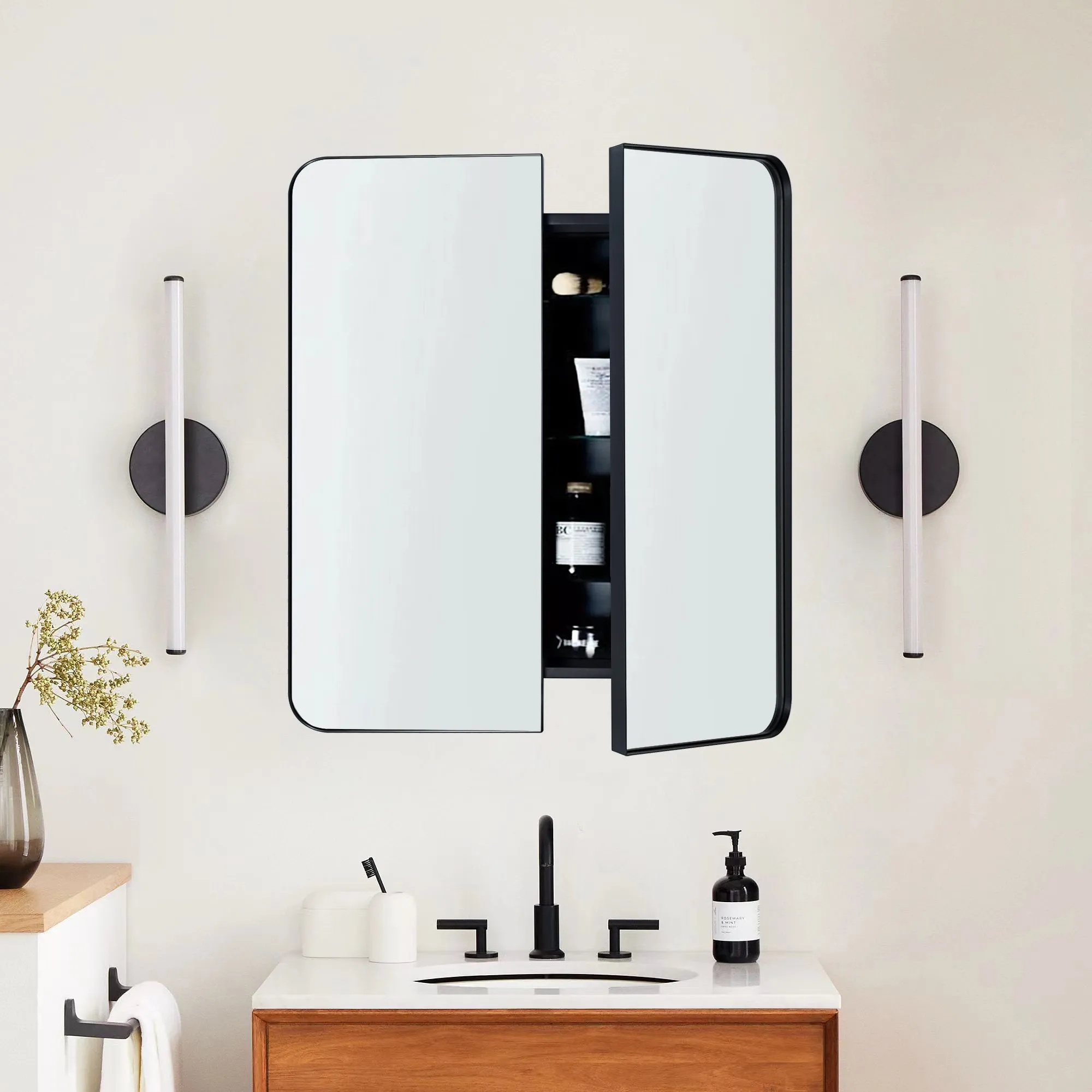 26 in. W x 30 in. H Double Door Rectangular Metal Framed Rounded Bathroom Medicine Cabinet with Mirror in Matt Black