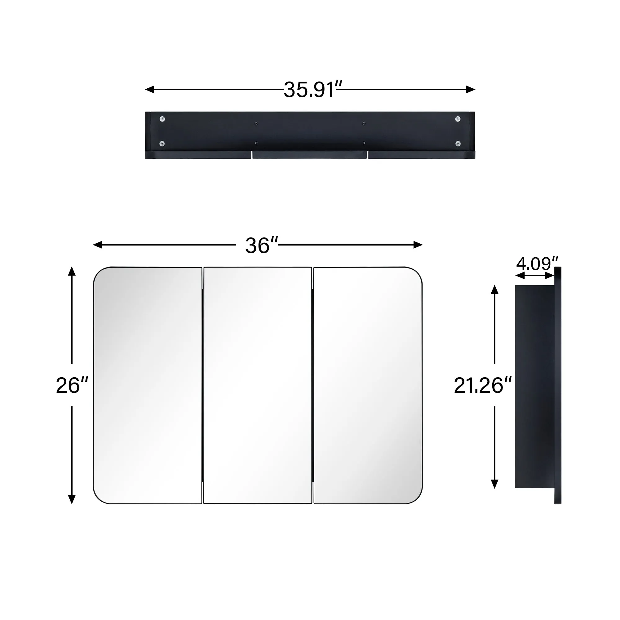 26 in. W x 36 in. H Triple Door Rectangular Metal Framed Wall Mounted Bathroom Medicine Cabinet with Mirror in Black