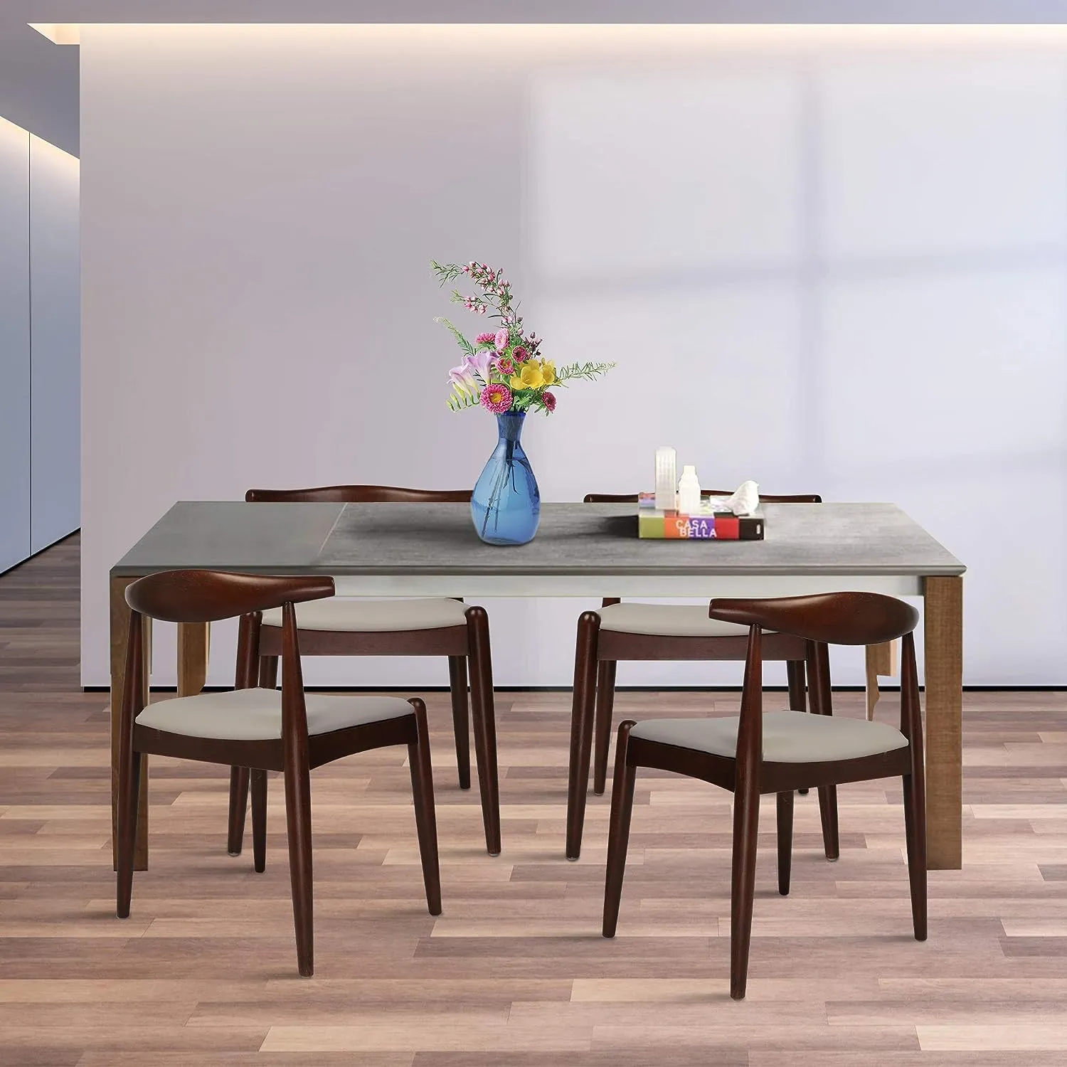 2PCs Dining Chairs, Mid-Century Side Modern Chairs with Faux Leather Cushion and Curved Backrest Low-Back Dining Chairs (Walnut)