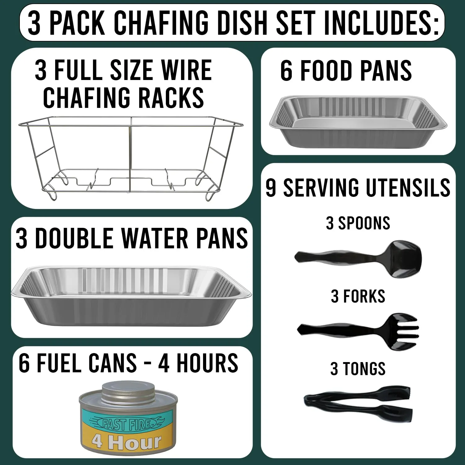 3-Pack Disposable Chafing Dish Buffet Set   Fuel   Serving Utensils - Full Size Buffet Warmers with 6 Half Size Food Pans, 4 Hour Fuel Cans, 9 Serving Utensils, Frame, for Catering and Parties
