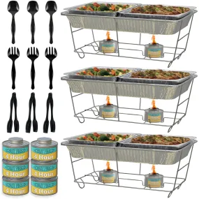 3-Pack Disposable Chafing Dish Buffet Set   Fuel   Serving Utensils - Full Size Buffet Warmers with 6 Half Size Food Pans, 4 Hour Fuel Cans, 9 Serving Utensils, Frame, for Catering and Parties