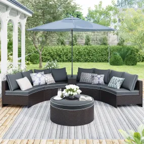 4 PCS Outdoor Patio Half-Moon Sectional Furniture Wicker Sofa Set with Two Pillows, Coffee Table, and Gray Cushions