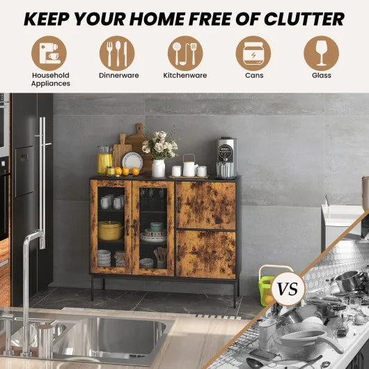 48" Industrial Kitchen Buffet Sideboard with Metal Mesh Doors and Anti-toppling Device-Brown
