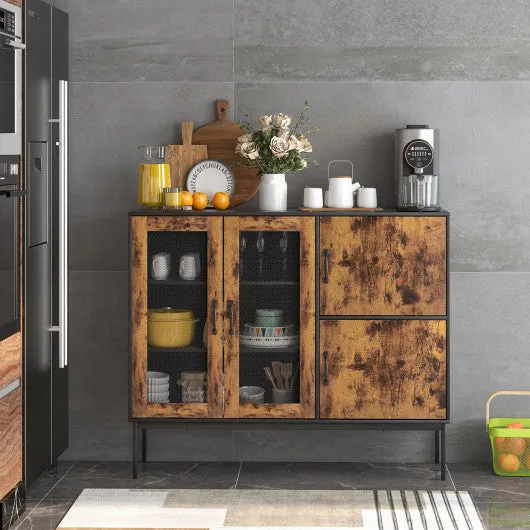 48" Industrial Kitchen Buffet Sideboard with Metal Mesh Doors and Anti-toppling Device-Brown
