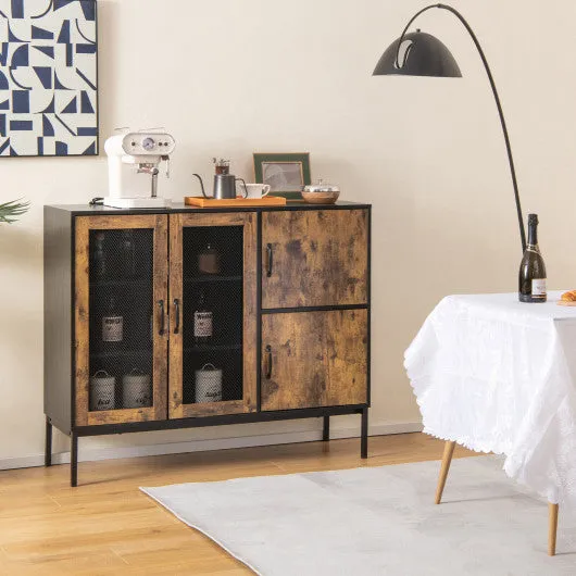 48" Industrial Kitchen Buffet Sideboard with Metal Mesh Doors and Anti-toppling Device-Brown