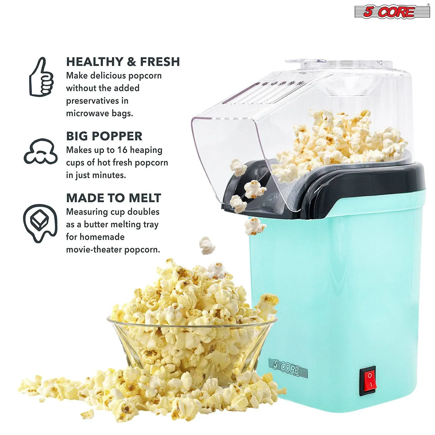 5 Core Hot Air Popcorn Popper Machine 1200W Electric Popcorn Kernel