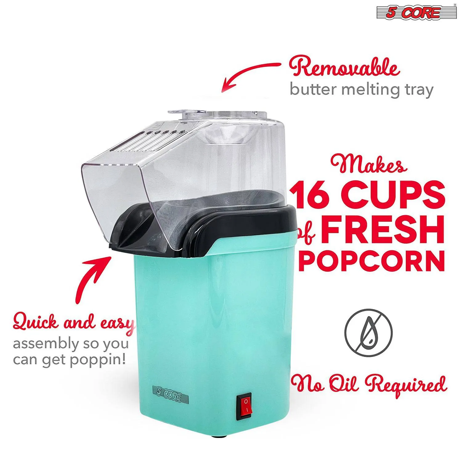 5 Core Hot Air Popcorn Popper Machine 1200W Electric Popcorn Kernel