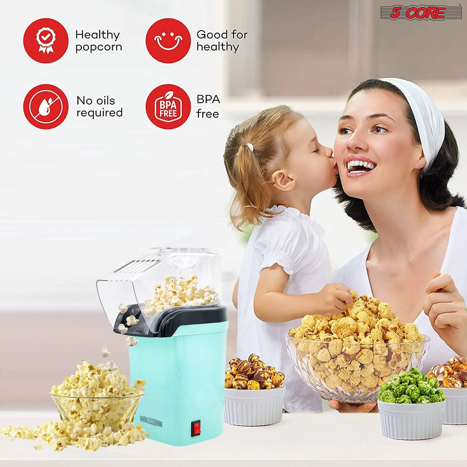 5 Core Hot Air Popcorn Popper Machine 1200W Electric Popcorn Kernel