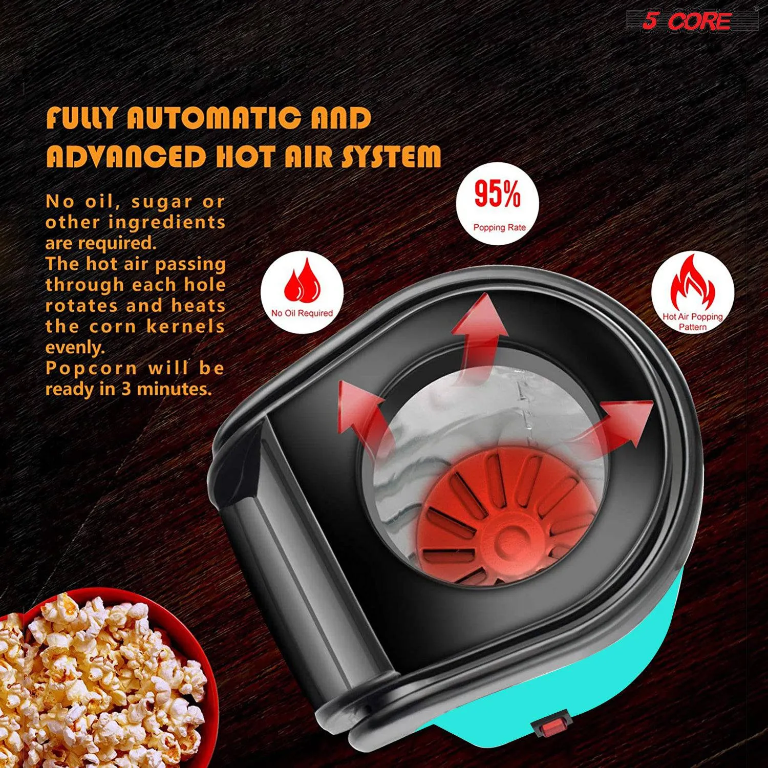 5 Core Hot Air Popcorn Popper Machine 1200W Electric Popcorn Kernel