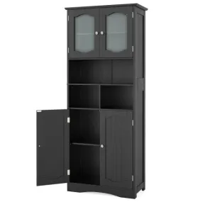 58.5 Inch Freestanding Linen Bathroom Storage Cabinet with Frost Glass Doors-Black
