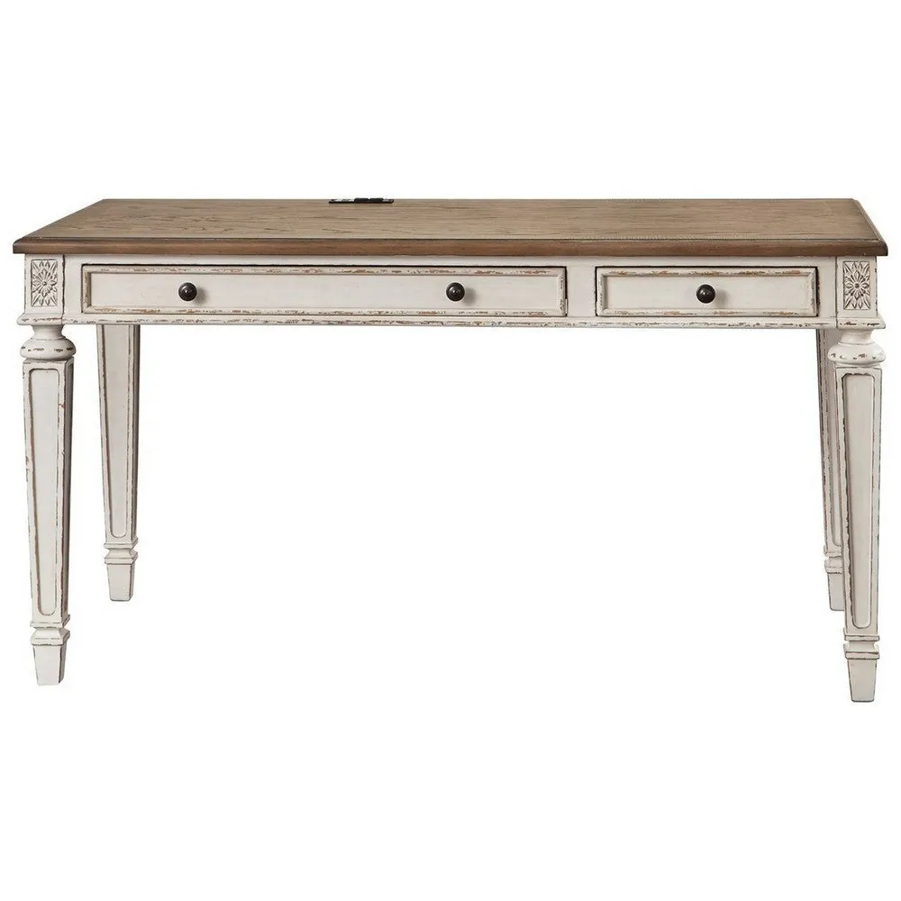 60" 2-Drawer Office Desk with Carvings, White and Brown By Casagear Home