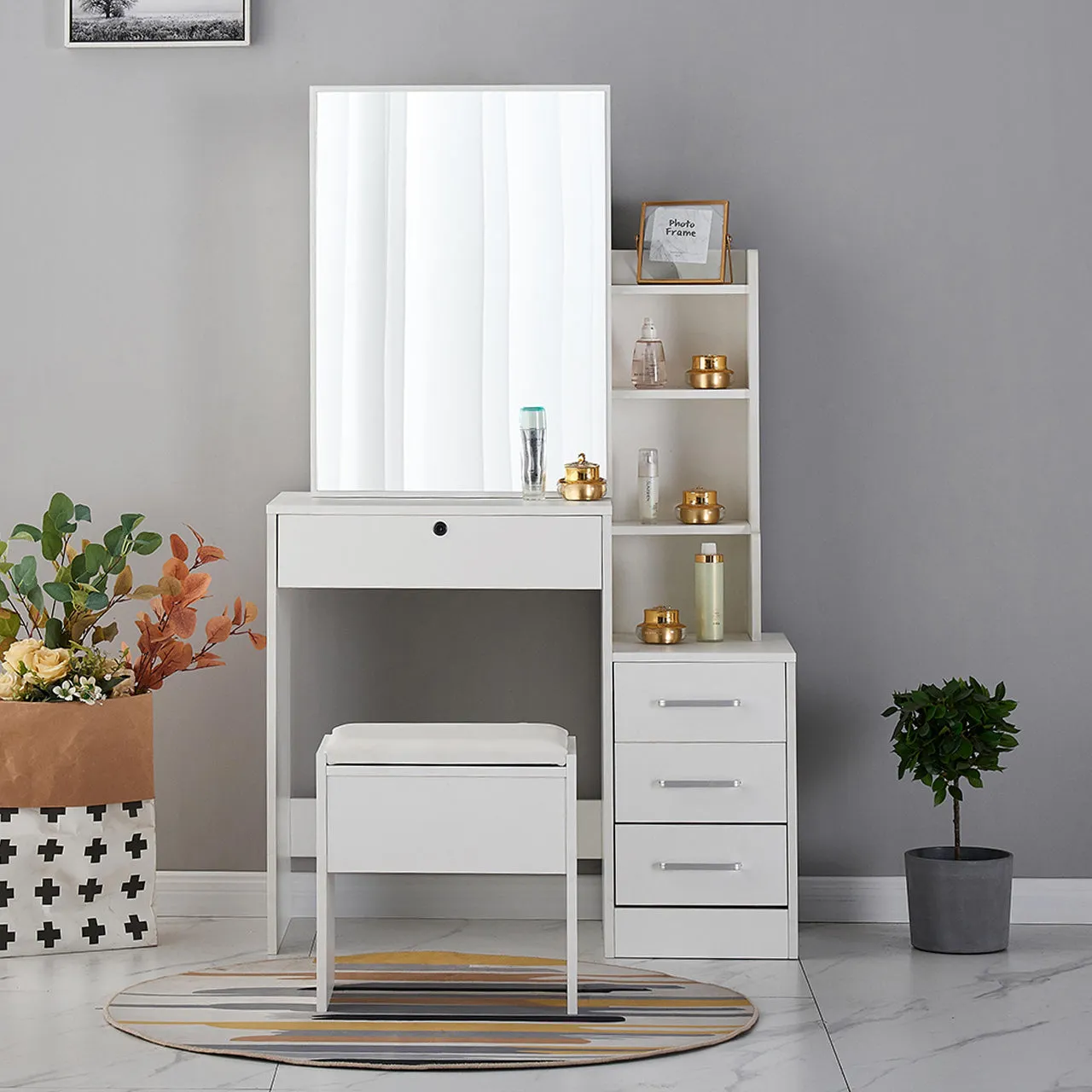 Ainpecca Dressing Table Makeup Table with Stool Vanity Table with Mirror Storage Drawers 003BT