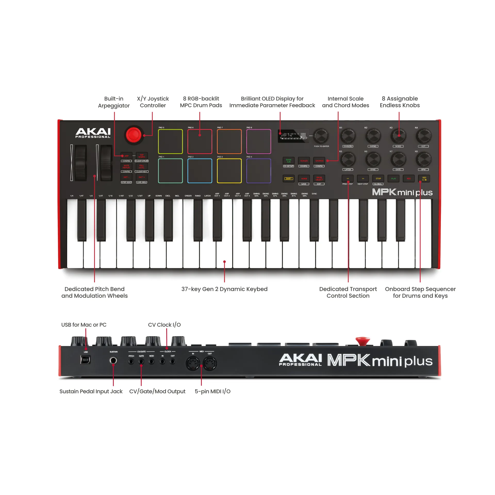Akai MPKMINIPLUS 37-Key Midi Controller, RGB Pads
