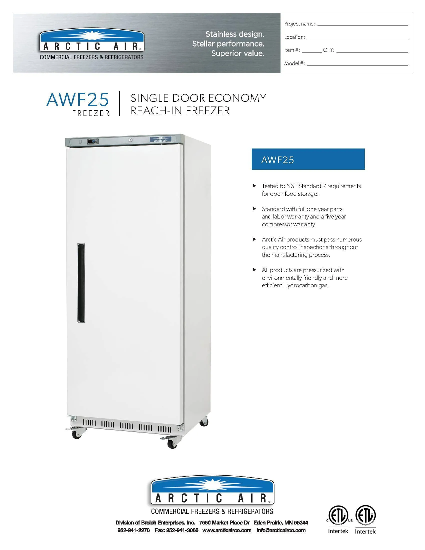 Arctic Air AWF25 White Single Door Reach In Freezer