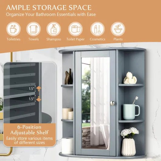 Bathroom Single Door Shelves Wall Mount Cabinet with Mirror-Gray