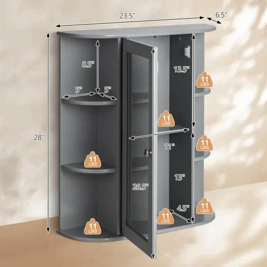 Bathroom Single Door Shelves Wall Mount Cabinet with Mirror-Gray