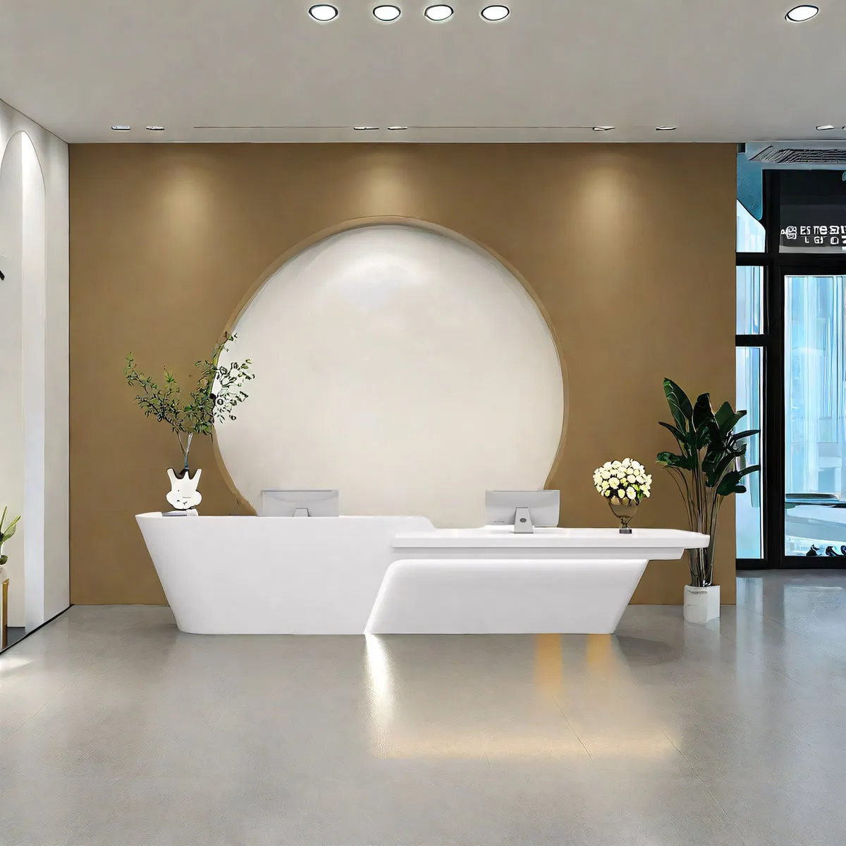 Boat-Shaped Reception Counter with LED Lights and Lockable Drawers for Lobby and Institution JDT-10126
