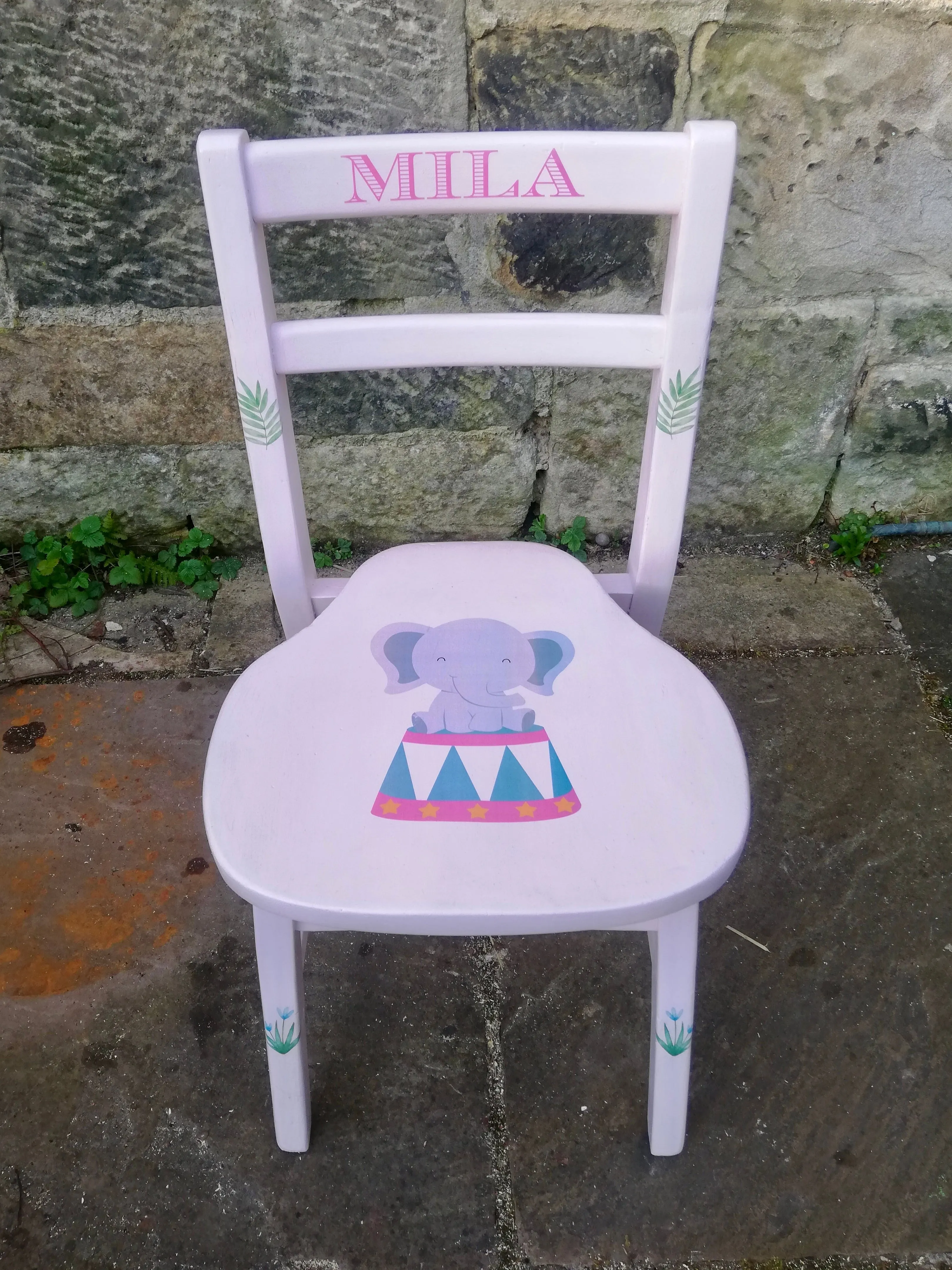 Children's personalised upcycled  wooden school chair - elephant and flowers theme