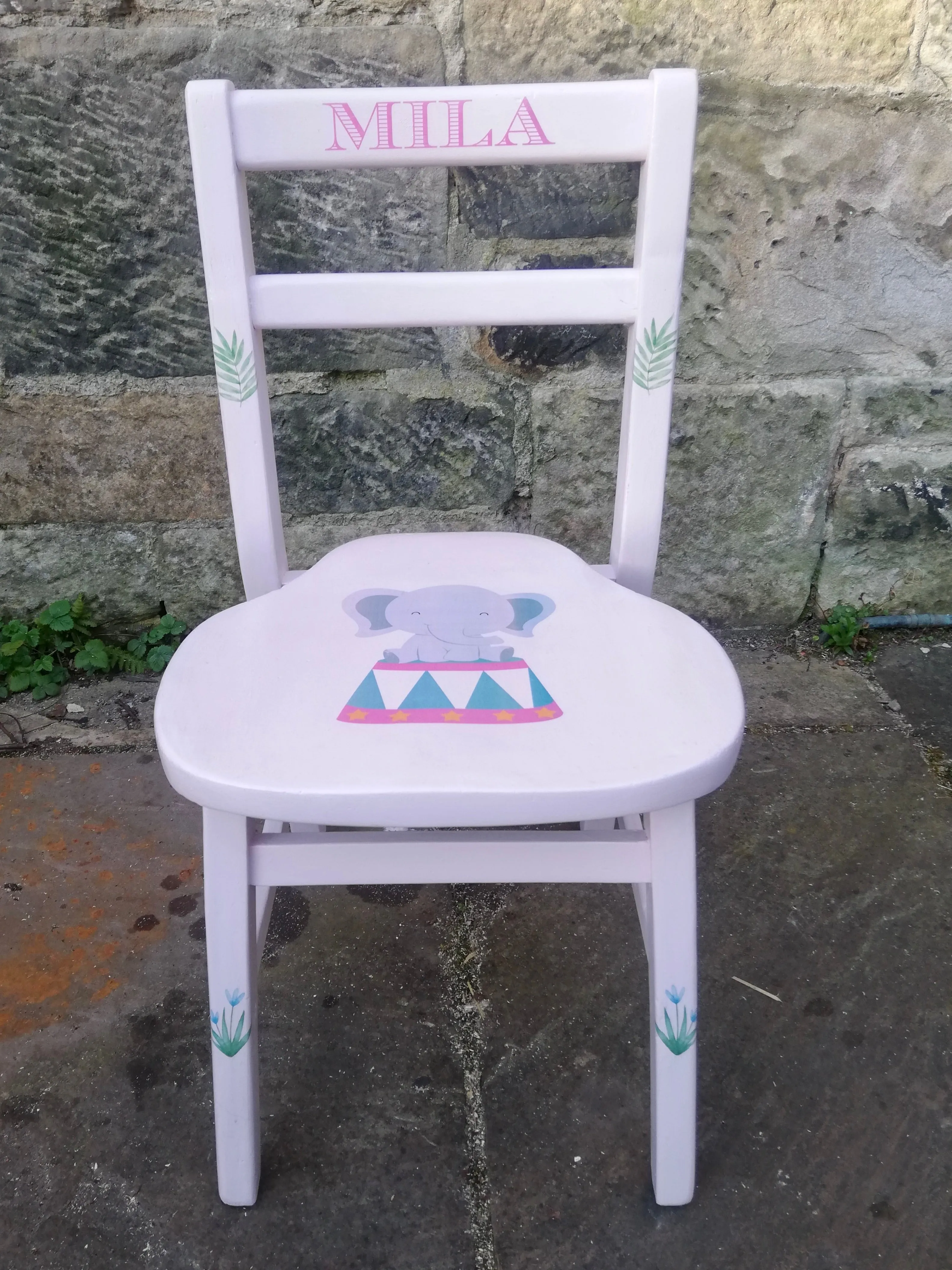 Children's personalised upcycled  wooden school chair - elephant and flowers theme
