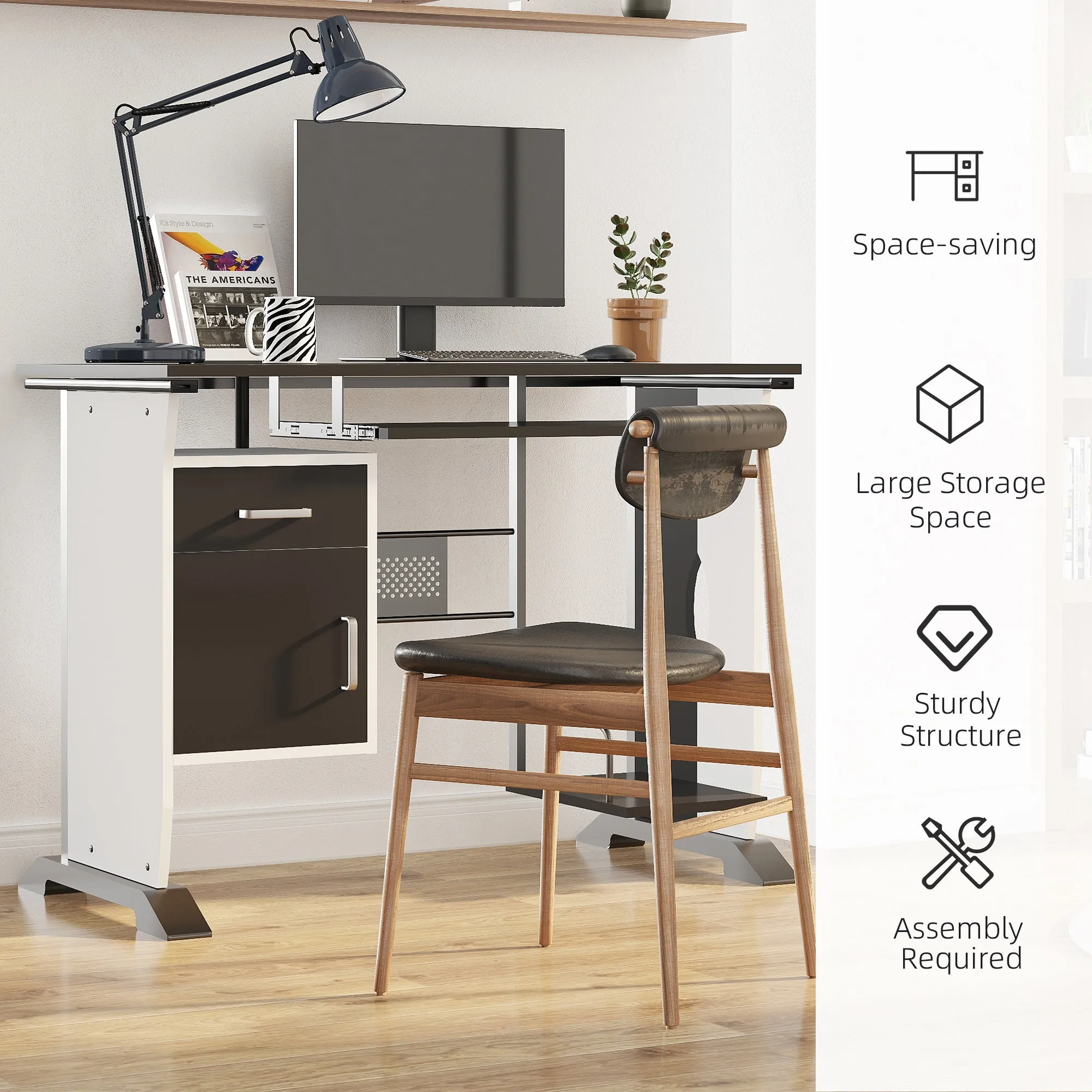 Computer Desk with Sliding Keyboard Tray Storage Drawers and Host Box Shelf Home Office Workstation Black