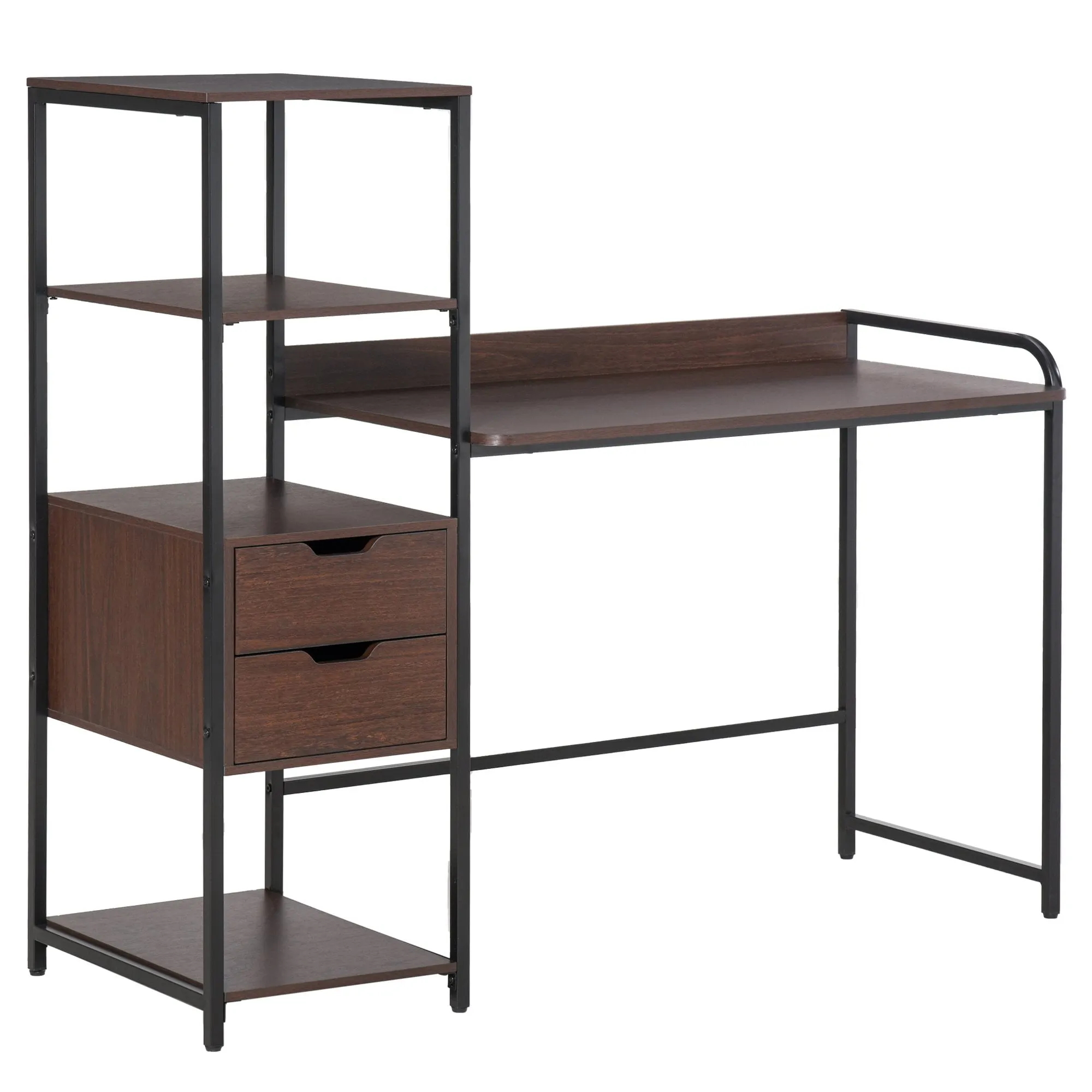 Computer Desk Writing Table Workstation for Home Office with Shelves, Drawers, Walnut Brown w/ Shelf, Drawer