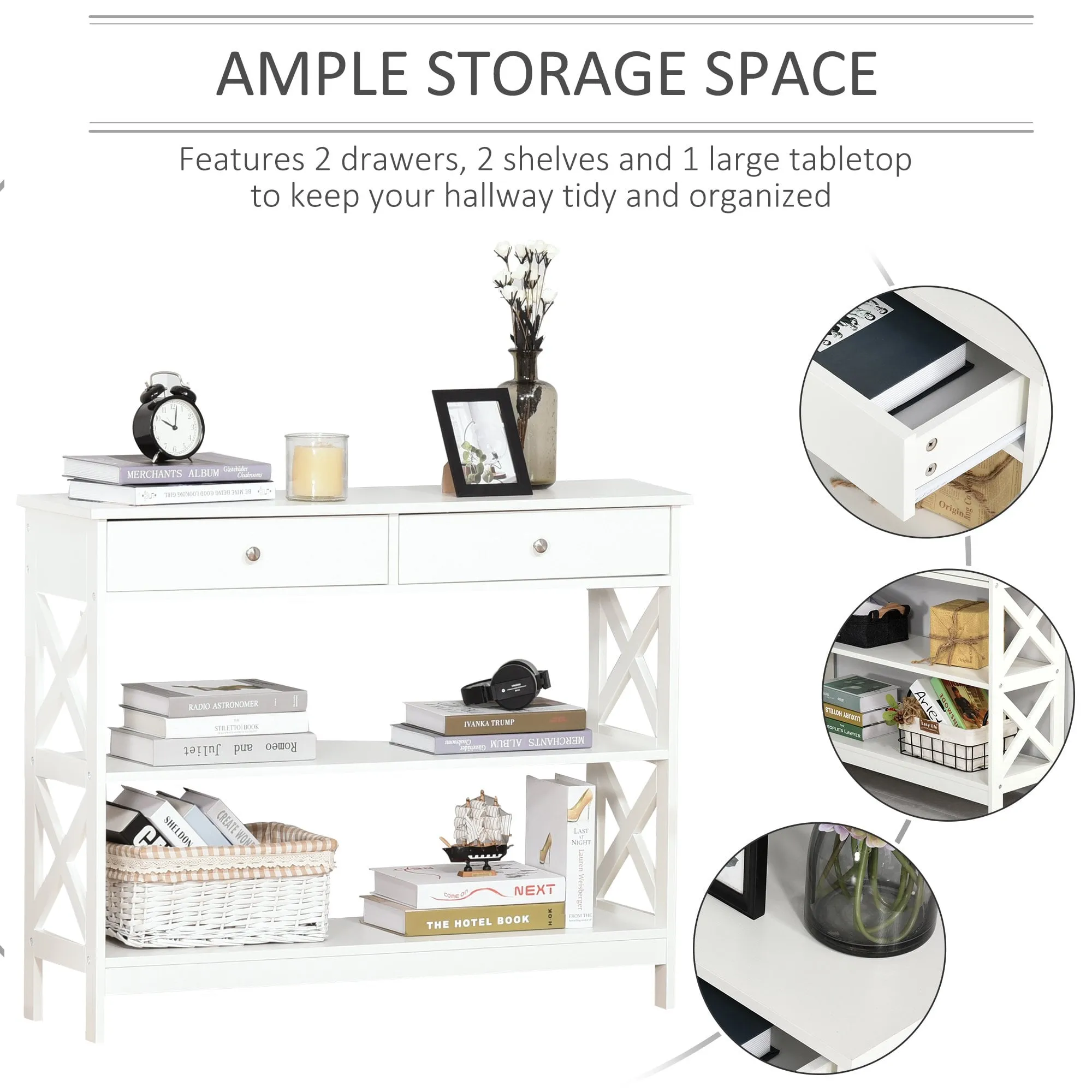 Console Table Sofa Side Desk with Storage Shelves Drawers X Frame for Living Room Entryway Bedroom White