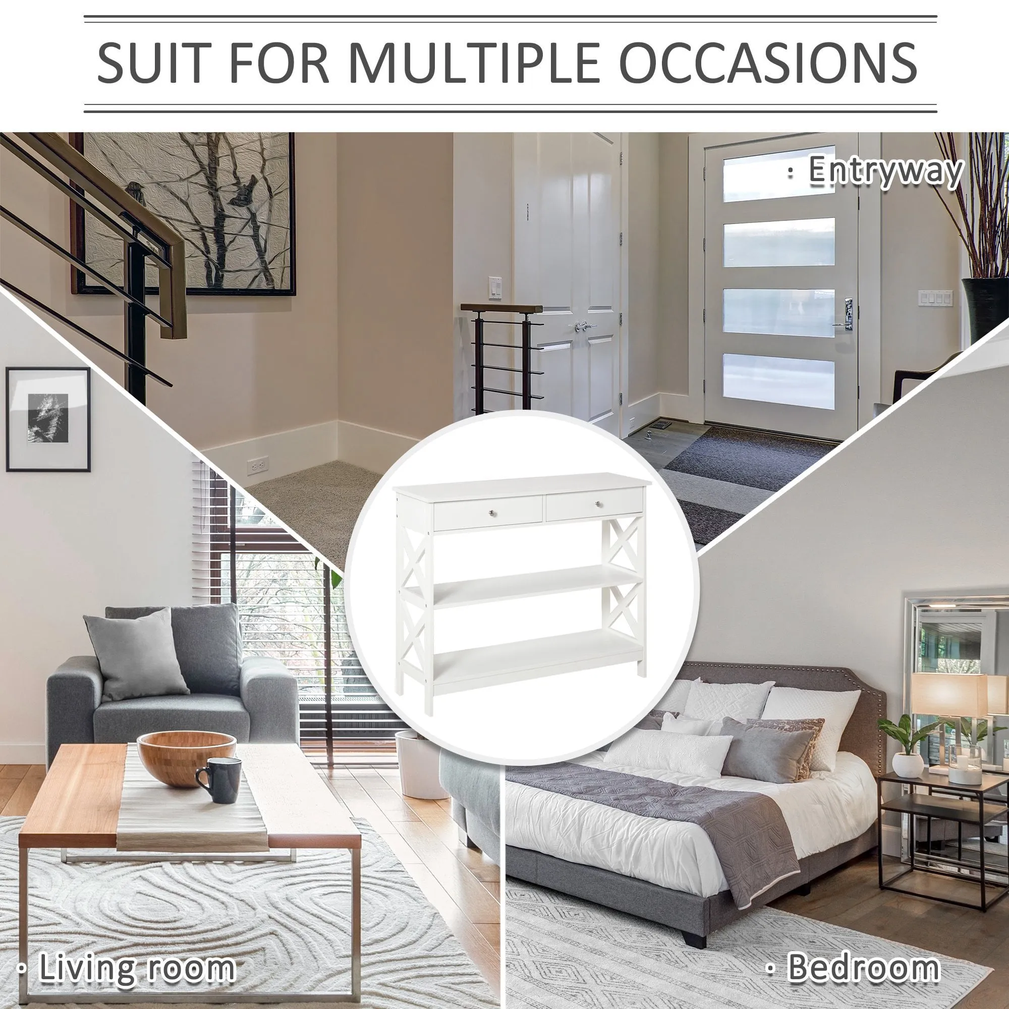 Console Table Sofa Side Desk with Storage Shelves Drawers X Frame for Living Room Entryway Bedroom White