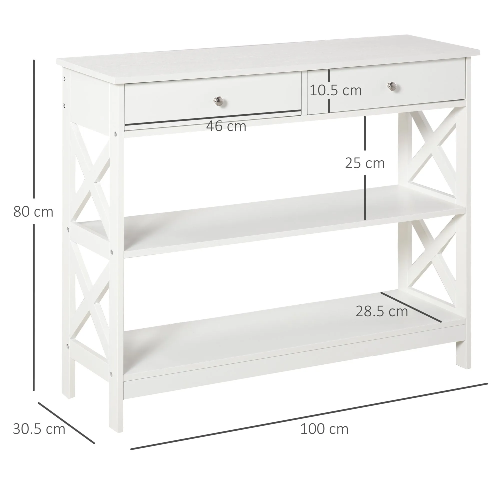 Console Table Sofa Side Desk with Storage Shelves Drawers X Frame for Living Room Entryway Bedroom White