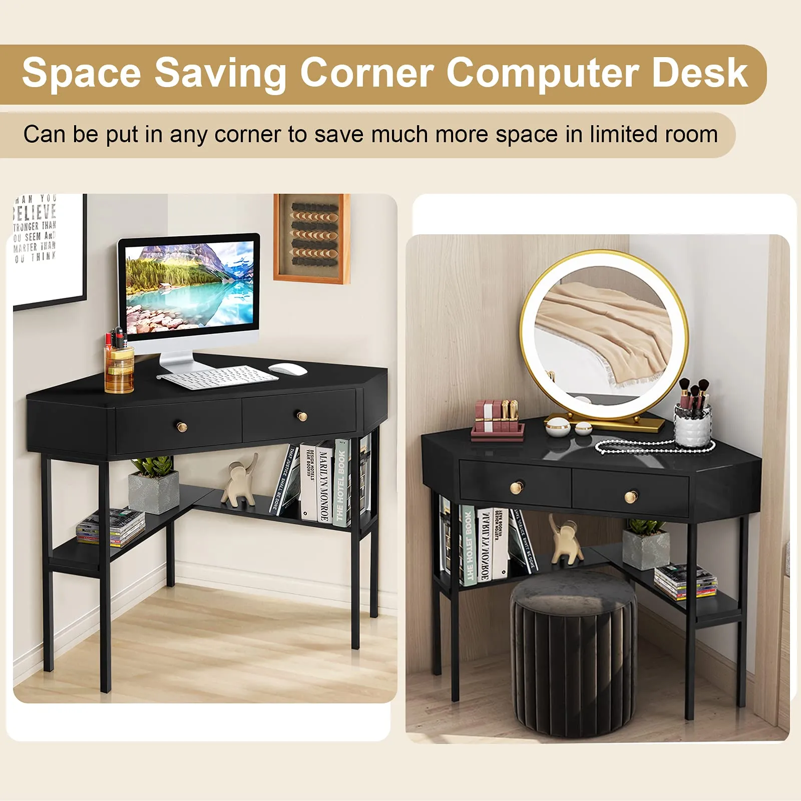Corner Desk with 2 Drawers, 90 Degrees Triangle Corner Computer Desk for Small Space