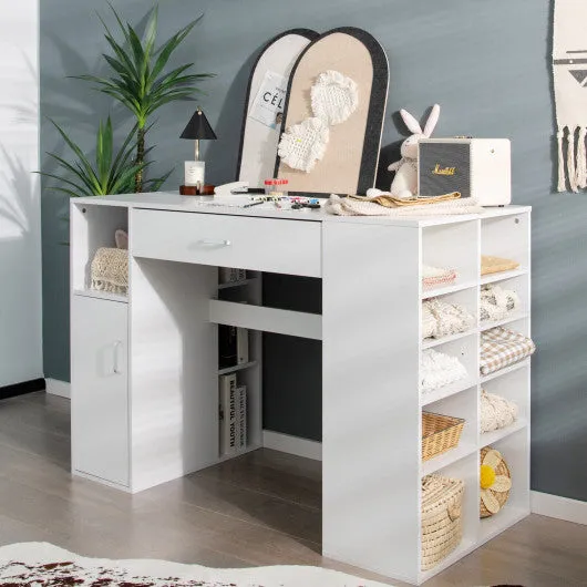 Counter Height Sewing Craft Table Computer Desk with Adjustable Shelves and Drawer-White