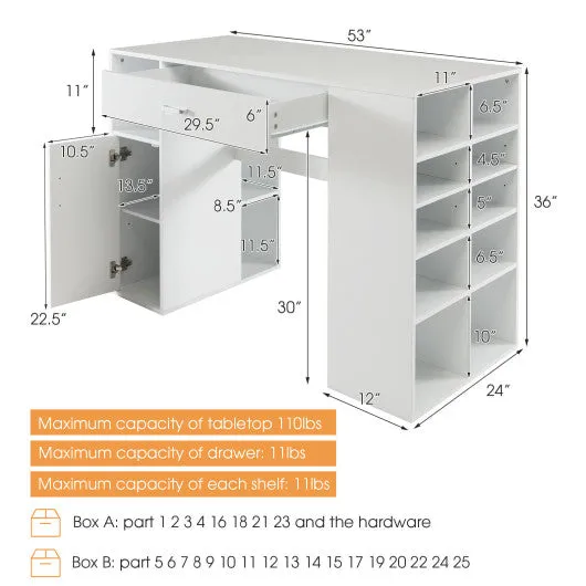 Counter Height Sewing Craft Table Computer Desk with Adjustable Shelves and Drawer-White