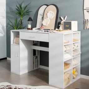 Counter Height Sewing Craft Table Computer Desk with Adjustable Shelves and Drawer-White