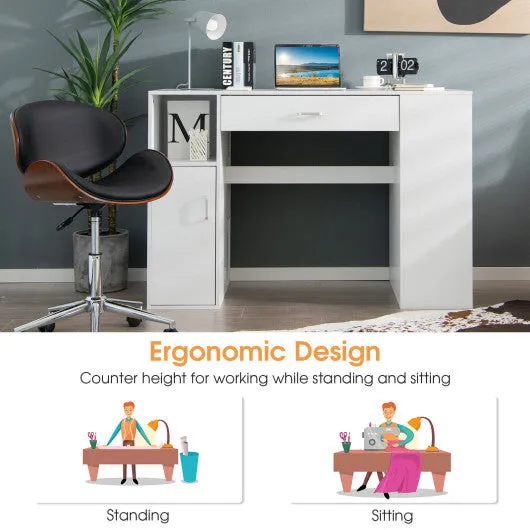 Counter Height Sewing Craft Table Computer Desk with Adjustable Shelves and Drawer-White