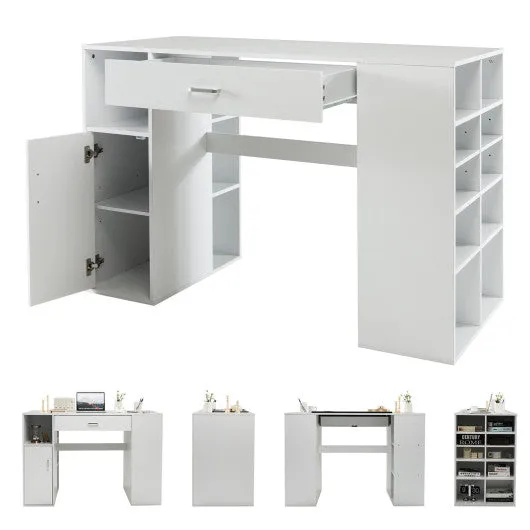 Counter Height Sewing Craft Table Computer Desk with Adjustable Shelves and Drawer-White