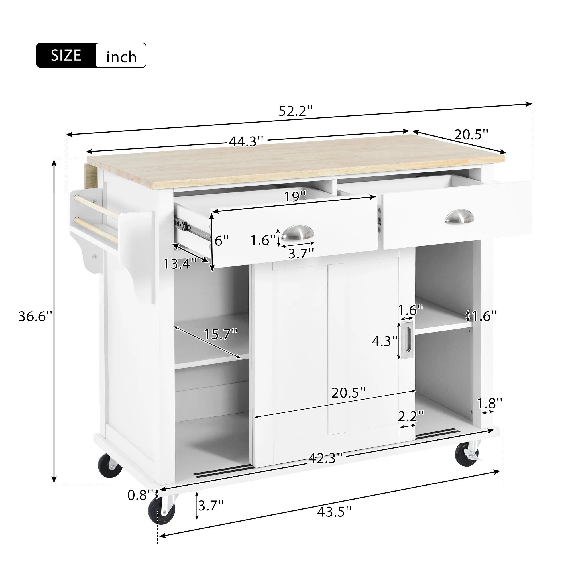 Culinary  Kitchen Cart with Countertop With Barn Door - White