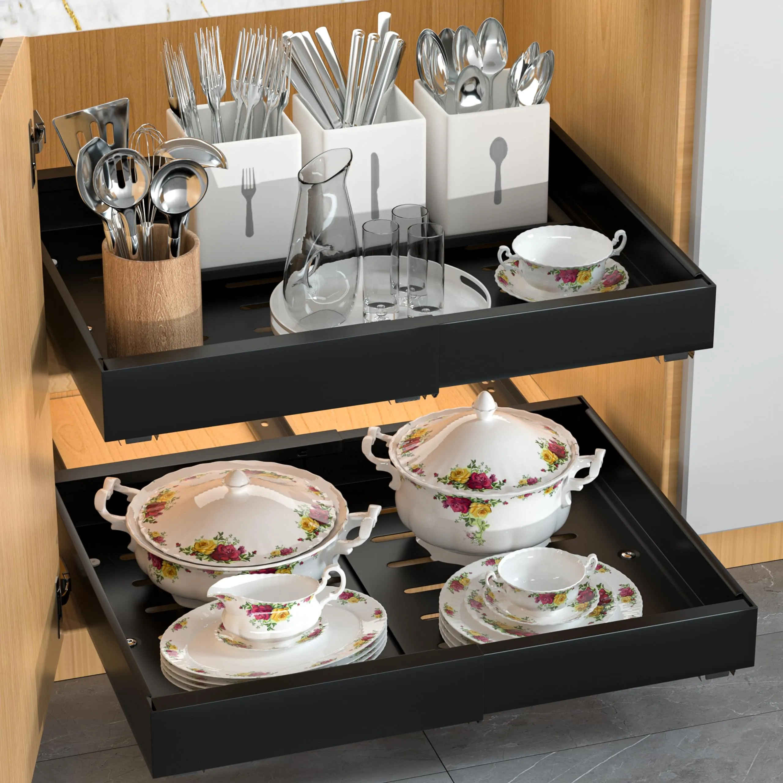 DEKAVA 2 Pack Pull Out Cabinet Organizer Expandable, Adhesive with Nano Film, Pull Out Drawers for Cabinets in Kitchen, Pantry or Bathroom (Black, 17" DEEP)