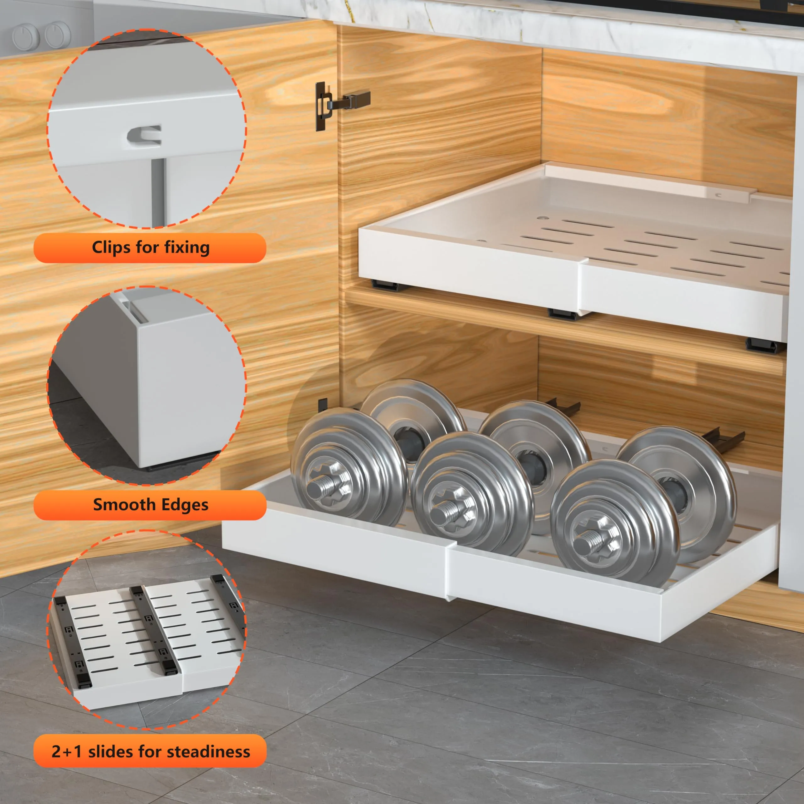 DEKAVA 2 Pack Pull Out Cabinet Organizer Expandable, Adhesive with Nano Film, Pull Out Drawers for Cabinets in Kitchen, Pantry or Bathroom (Black, 17" DEEP)
