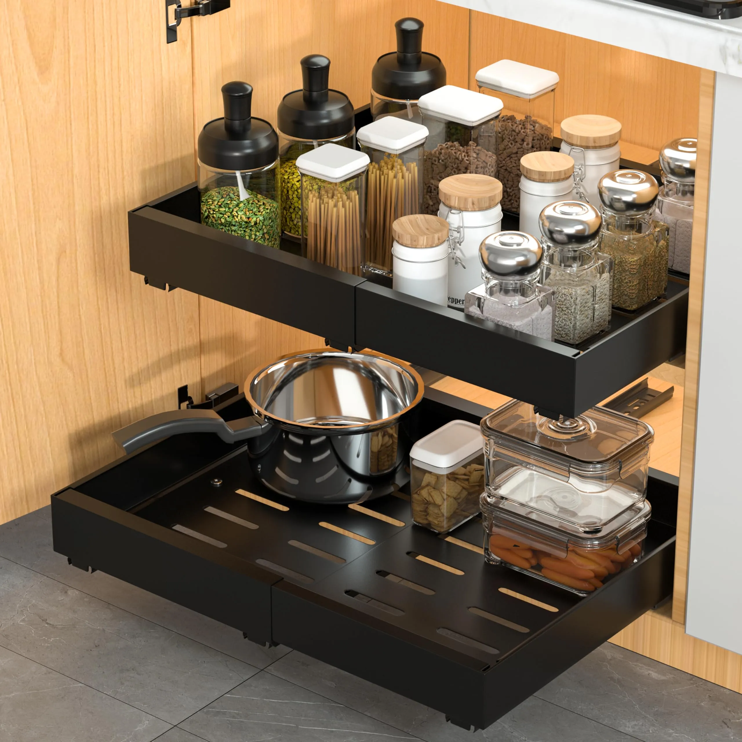 DEKAVA 2 Pack Pull Out Cabinet Organizer Expandable, Adhesive with Nano Film, Pull Out Drawers for Cabinets in Kitchen, Pantry or Bathroom (Black, 17" DEEP)