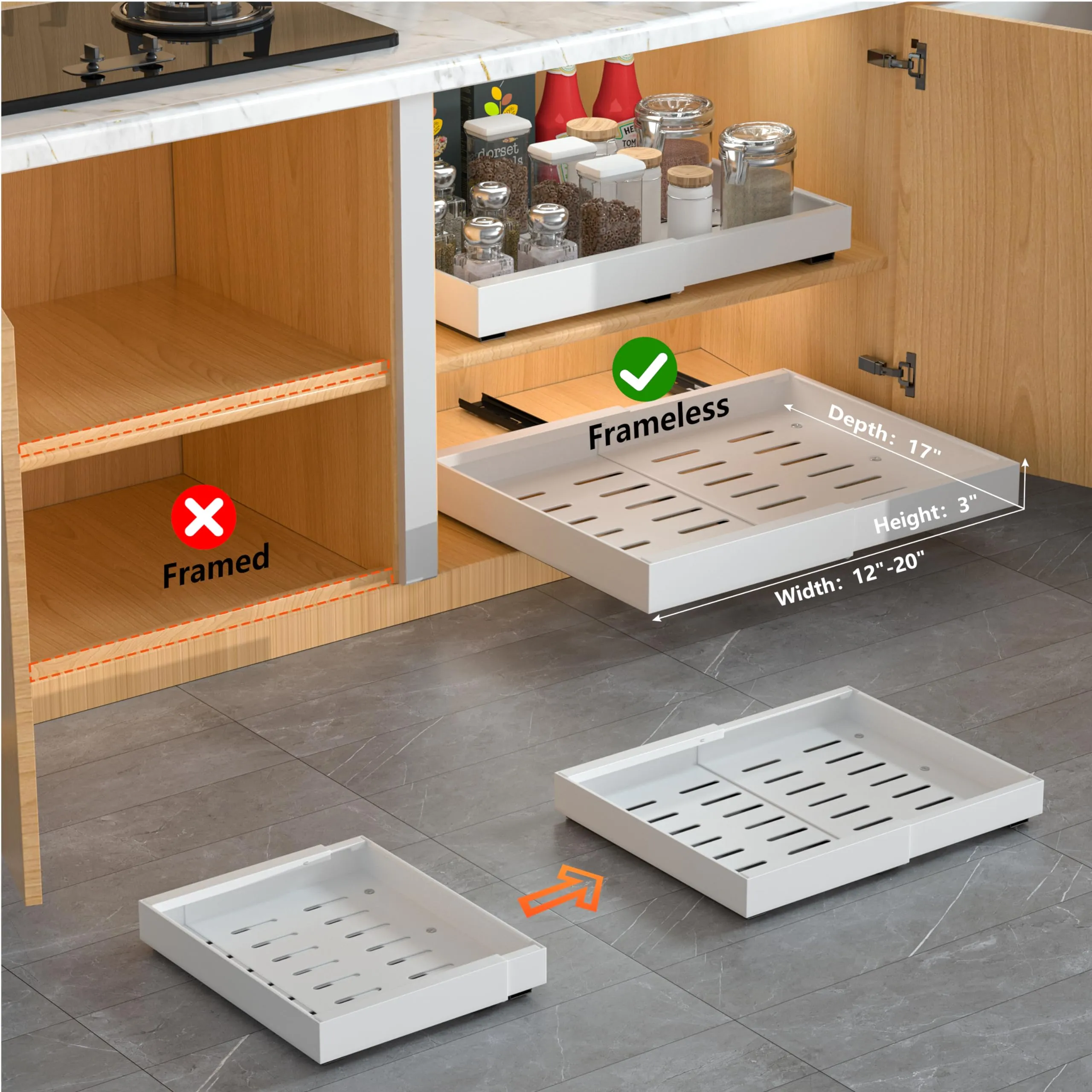 DEKAVA 2 Pack Pull Out Cabinet Organizer Expandable, Adhesive with Nano Film, Pull Out Drawers for Cabinets in Kitchen, Pantry or Bathroom (Black, 17" DEEP)