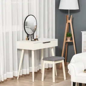 Dressing Table Vanity Set Makeup Desk with Round Mirror Cushioned Stool 2 Drawers for Bedroom Jewelry Storage Set, White Make Up &